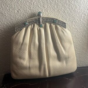 Vintage Judith Leiber cream snakeskin clutch w/silver strap